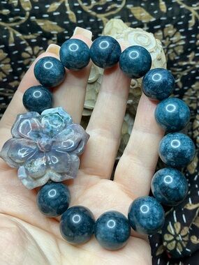 Dumortierite Bracelet – 14mm with Ocean Jasper Flower Carving